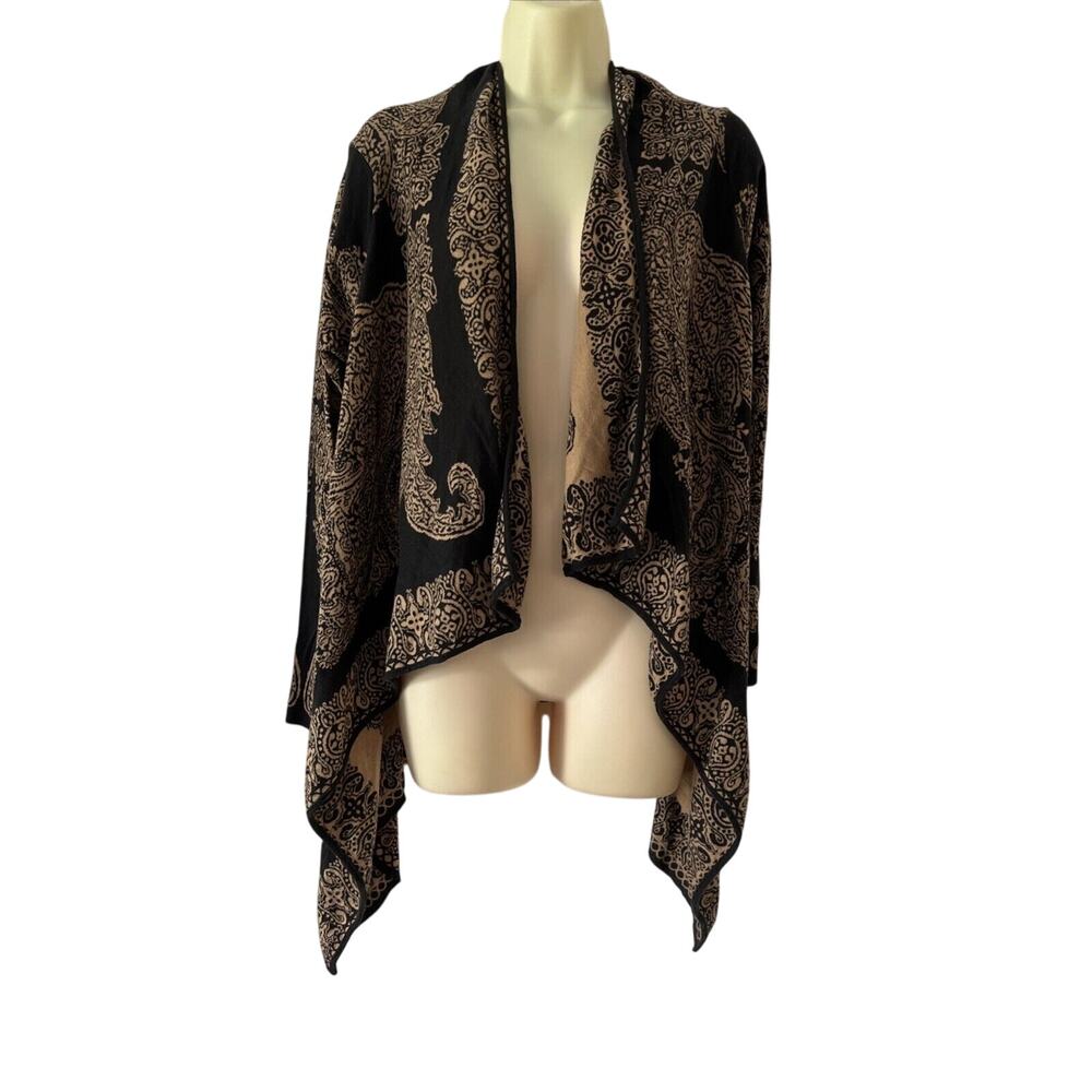 J JIll Brown Black Paisley LongSleeve Open Front Cotton Cardigan Sweater Size XS